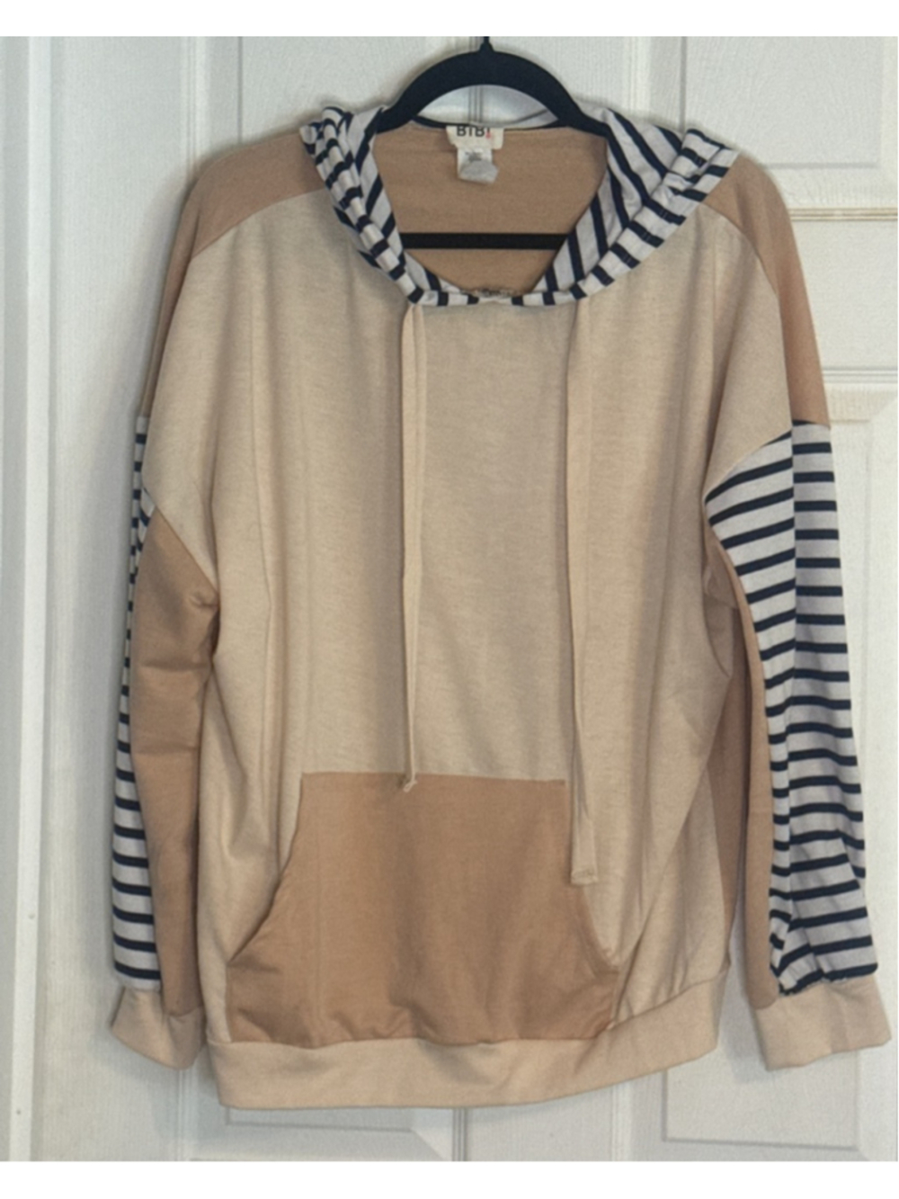 BiBi Beige & Navy Striped Hoodie Standard S